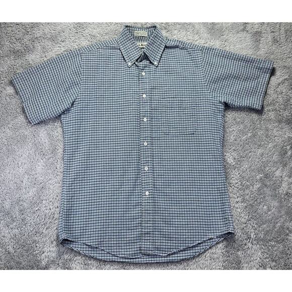 Vintage LL Bean Mens Button Up Shirt Short Slv Blue White Green Plaid USA‎ 15 - Picture 1 of 6